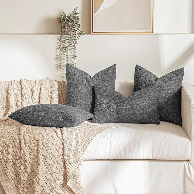 MIULEE 24x24 Decorative Euro Sham Throw Pillows for Bed Set of 2 Textured Boucle Neutral Throw Pillow Coverss Dark Gray Accent Solid Couch Pillowcase Cozy Soft Sofa Livingroom Home Decor