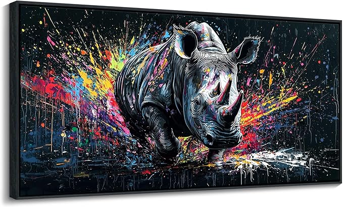 QZQCBLC Large Canvas Wall Art - Colorful Abstract Graffiti Pop Street Paintings Artwork Black and White Rhino Pictures for Living room Bedroom Bar Men's Teenager Game Room Modern Home Decor 20X40