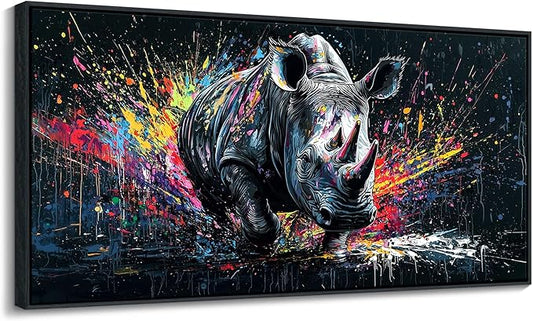 QZQCBLC Large Canvas Wall Art - Colorful Abstract Graffiti Pop Street Paintings Artwork Black and White Rhino Pictures for Living room Bedroom Bar Men's Teenager Game Room Modern Home Decor 20X40