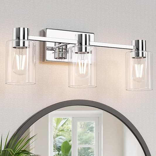 3-Light Modern Vanity Light Fixtures Over Mirror, Polished Chrome Bathroom Light Fixtures, Vanity Lights, Wall Sconce with Clear Glass Shade for Bathroom, E26 Base