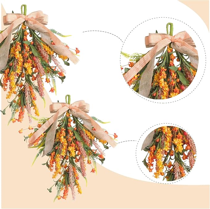 Set of 2 PCS Fall Swags with Artificial Flowers Berries for Front Door, Autumn Fall Teardrop for Indoor Outdoor, Harvest Thanksgiving Teardrops for Mailbox