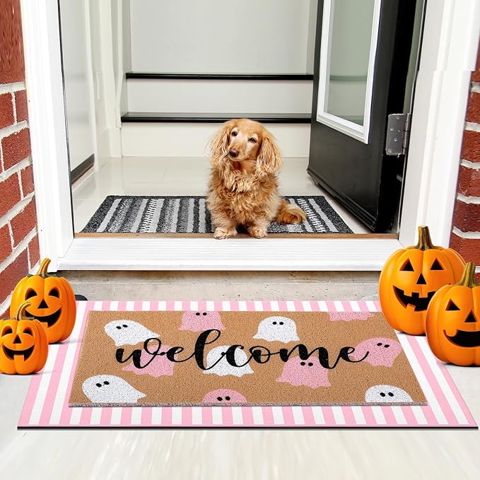 2 Pcs Halloween Door Mat Ghost Welcome Non Slip Coir Mats Pink White Stripe Floor Layering Doormats Seasonal for Front Porch Entryway Decor(Pink White Ghost)