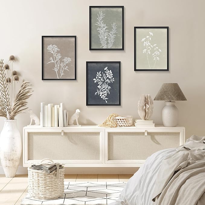 Heiple Framed Wall Art Set of 4 for Boho Home decor Botanical Print Wall Art for Rustic Vintage Farmhouse Wall Decor for Living Room (Black, 8"x10")