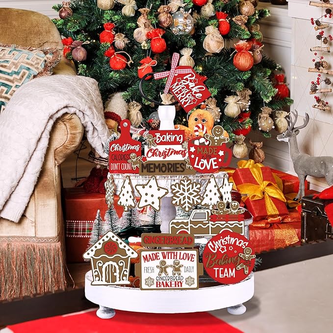 17 Pcs Christmas Tiered Tray Decor Set Winter Tiered Tray Decorations Farmhouse Tabletop Centerpiece Christmas Wooden 3D Sign for Xmas Home Buffalo Plaid Rustic Table Decoration(Lively)