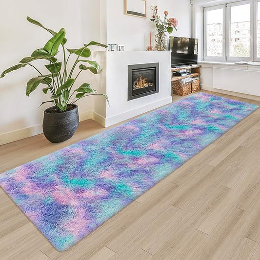 Super Soft Fluffy Living Room Area Rug 2x8 ft Purple Rainbow Tie-Dyed Shaggy Furry Carpet Washable Non-Slip Carpets Bedroom Bedside Nursery Rug Cute Colorful Room Decor for Girls