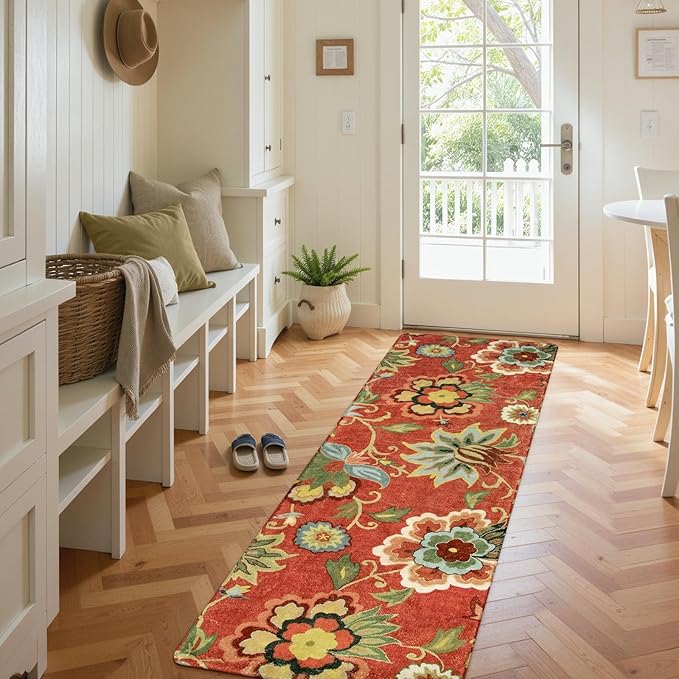 Lahome Red Floral Kitchen 2x5 Rug Runner, Washable Hallway Runner Vintage Christmas Throw Area Rug, Non-Slip Carpet for Entryway Living Room Laundry (2'x5', Red)