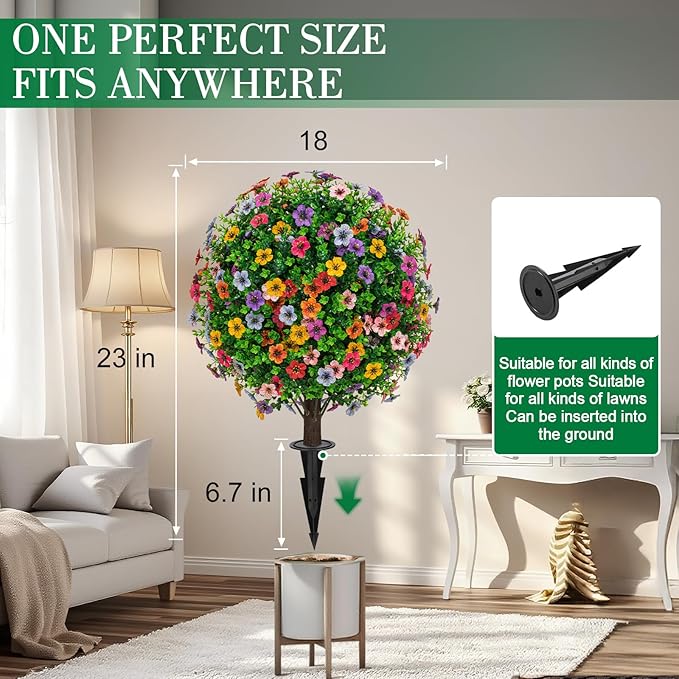 23" Artificial Boxwood Topiary Ball Trees with Colorful Flowers, Set of 2 UV Resistant No Fade Outdoor Faux Plants with Ground Spike, Fake Shrubs for Garden, Patio, Porch, Yard, Indoor Decor