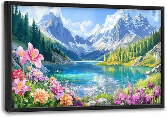 Extra Large Framed Mountain Lake Wall Art,Colorful Wild Flower Wall Decor,Mountain Forest Landscape Pictures for Living Room,Canvas Print Painting Modern Artwork Bedroom Office Bathroom 36L x24W