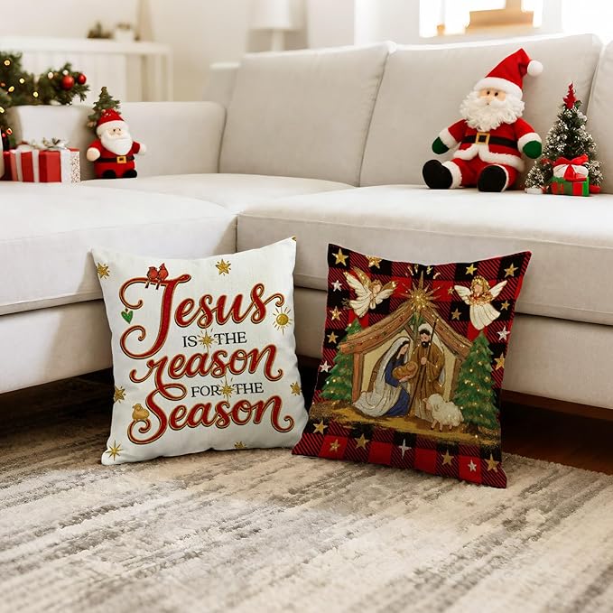 Christmas Holy Night Jesus Cardinal Pillow Covers 18x18 inch Set of 4, Holiday Winter Red Plaid Vintage Xmas White Seasonal Gold Decorations for Sofa Couch
