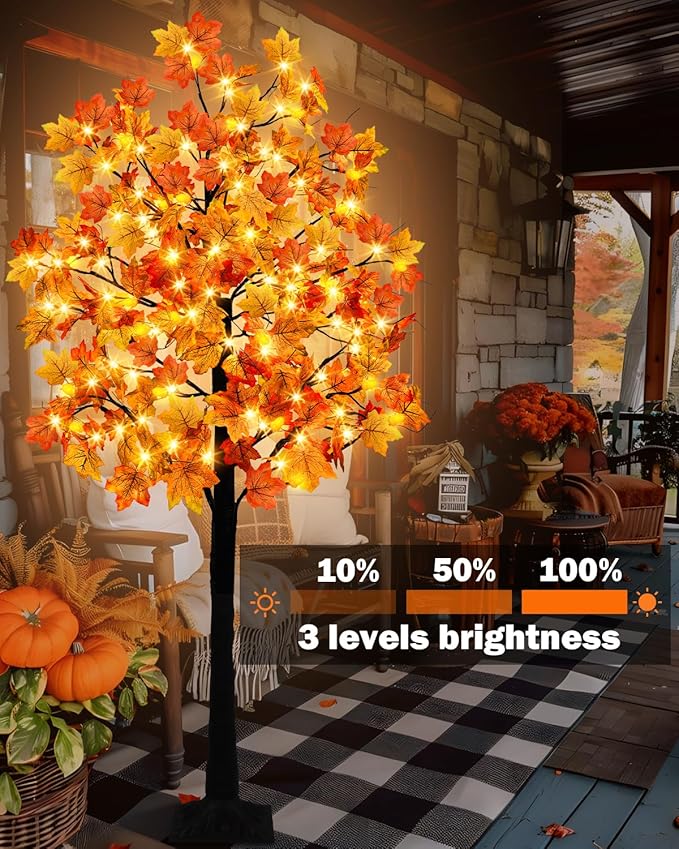 Agusbagli 7FT 128LED Lighted Maple Tree Thanksgiving Decorations with Timer 8 Modes Dimmable Artificial Fall Light Up Tree with 256 Leaves 32 Acorns for Harvest Indoor Outdoor Decor