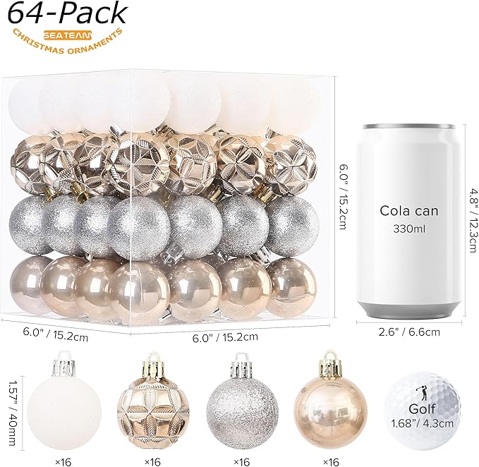 Sea Team 64-Pack Shatterproof Plastic Christmas Ball Ornaments Set, Colorful Christmas Baubles, Hanging Decorations for Xmas Tree, Wreath, Garland, (40mm/1.57 Inches, Champagne, White)