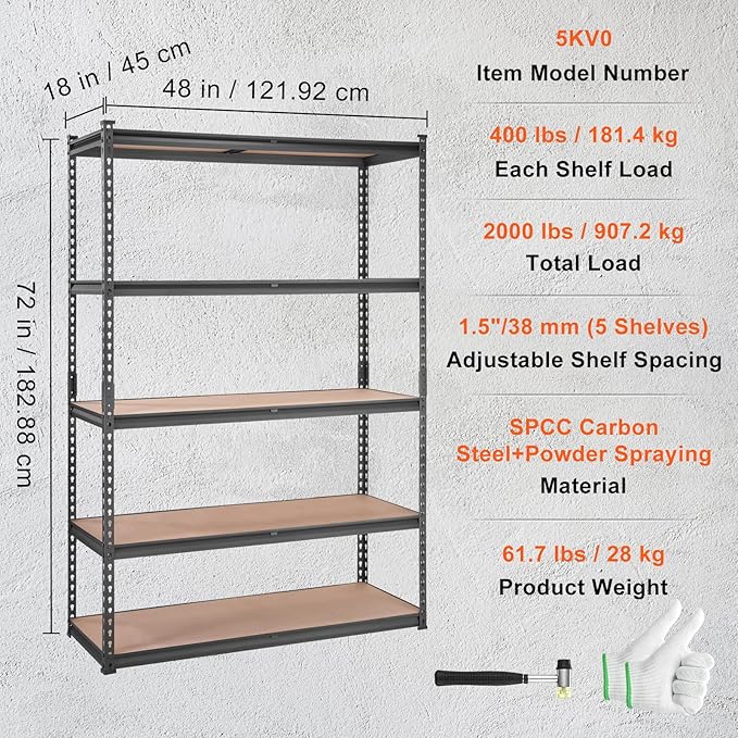 VEVOR Storage Shelving Unit, 5-Tier Adjustable, 2000 lbs Capacity, Heavy Duty Garage Shelves Metal Organizer Utility Rack, Black, 48" L x 18" W x 72" H for Kitchen Pantry Basement Bathroom Laundry
