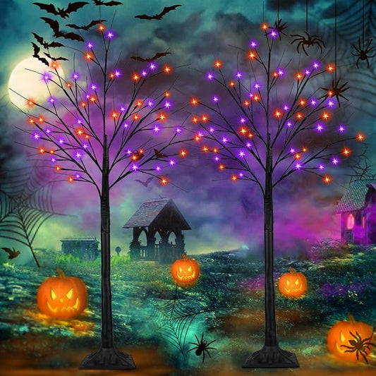 2-Pack 6FT Lighted Black Halloween Tree with 288 LED Orange and Purple Lights (Higher Size and Floor Standing), Halloween Decorations Spooky Tree for Indoor Outdoor, Home Holiday Party