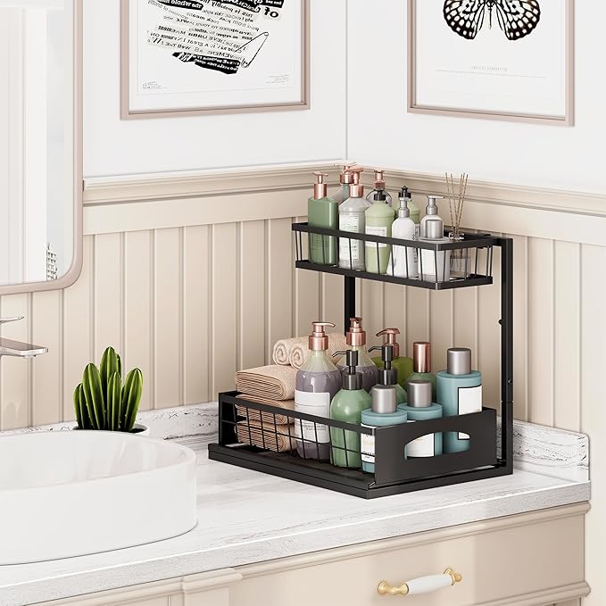 Under Sink Organizer, 2 Pack Height Adjustable Cabinet Organizer with Slide Out Drawer, Pull Out Under Sink Storage, Multi-Purpose 2 Tier Sink Shelves for Kitchen Bathroom Pantry (Black, 2 Pack)