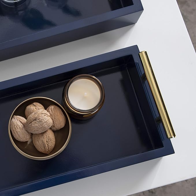 Kate and Laurel Lipton Modern Tray Set, Set of 2, Navy Blue and Gold, Glam Decorative Trays for Storage and Display