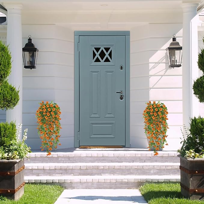 4 Pcs Fall Artificial Hanging Flowers for Outdoors,Fake Hanging Plants,Artificial Mums for Outdoors,Fall Decorations for Home,Outdoor Fall Decor(Orange)