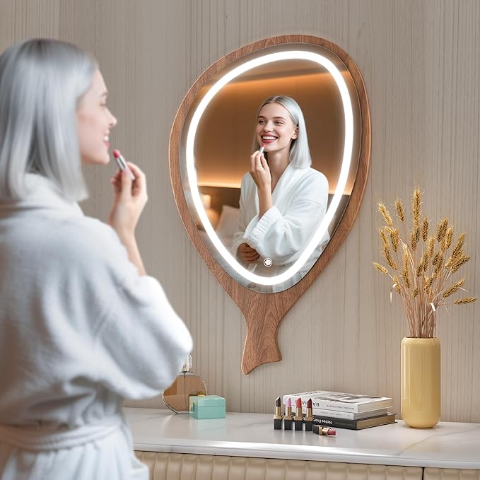 LED Wall Mirror Irregular Asymmetrical Wall Mirror for Living Room Bathroom Entryway, Modern Decorative Mirror Hanging (Hook Style, 30'' x 18''Walnut
