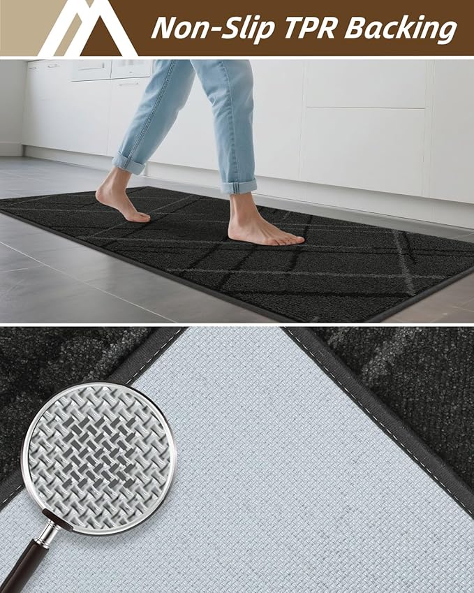 COSY HOMEER Kitchen Mats, 2 PCS Kitchen Rug Non Slip Washable, Absorbent Runner Rugs for Kitchen Floor, Polyester Kitchen Sink Rug 20"x32" + 20"x48"(Dark Gray)