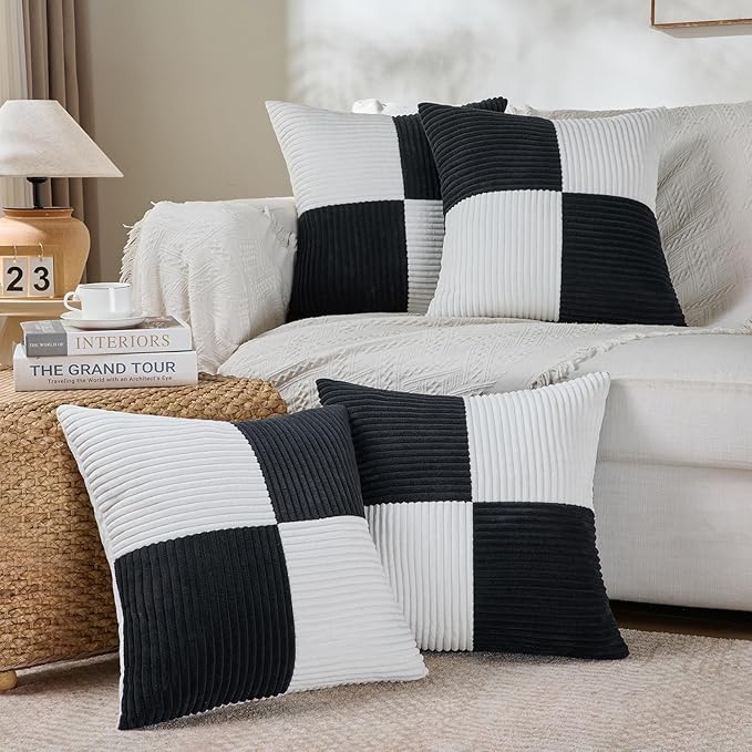 Fancy Homi Set of 4 Black and White Samll Decorative Throw Pillow Covers 18x18 Inch with for Couch Bed Sofa Living Room, Soft Cross Patchwork Striped Corduroy Modern Square Cushion Case 45x45 cm