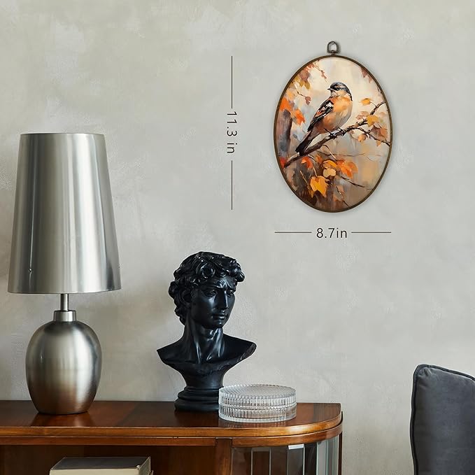 Gnmduw Vintage Fall Bird Oval Wall Art Framed, Rustic Fall Bird Canvas Prints Hanging Decor, Retro Farmhouse Country Sparrow Maple Leaf Wall Decor for Living Room Bedroom Bathroom, 8.7x11.3 In