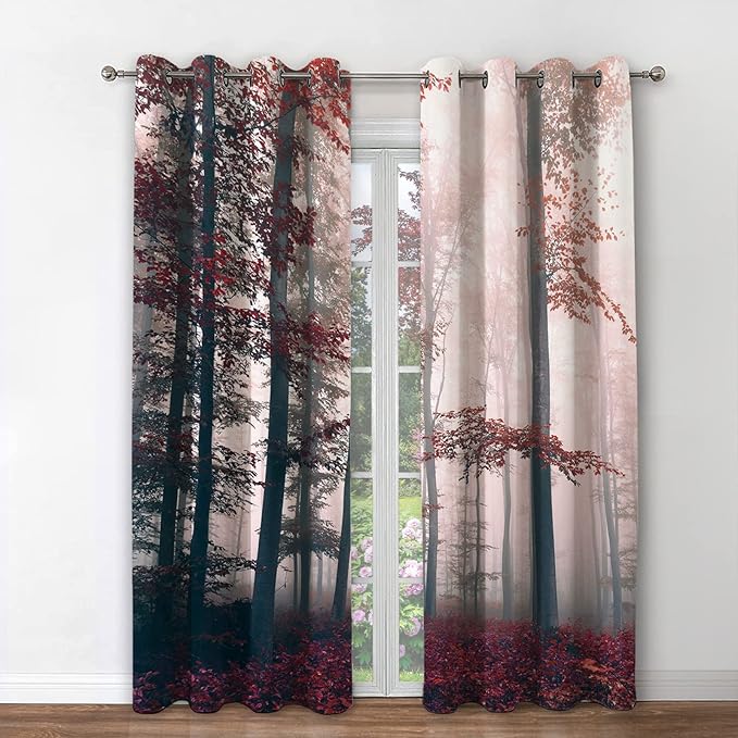 Jekeno Fall Tree Forest Blackout Curtains Autumn Orange Leaves Mystic Foggy Forest Fall Nature Scenery Wood Room Decor for Halloween Bedroom Living Room Grommet Window Drapes 2 Panel Set, 42"x84"