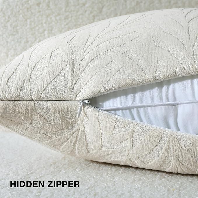 FUTEI Cream Decorative Throw Pillow Covers 18x18 Inch Set of 2,Soft Chenille Phoenix Tail Leaf Textured Cushion Case,Modern Home Decor for Couch Bed Living Room