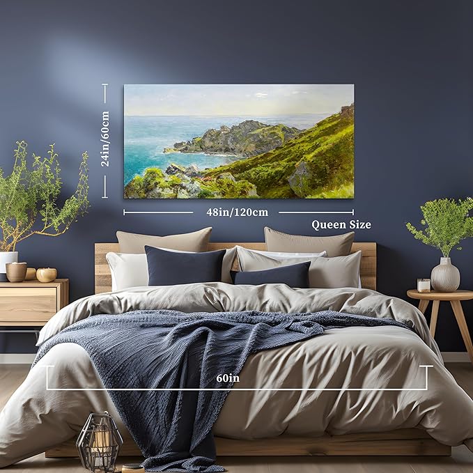 crmotu Large Landscape Wall Art, Coastal Scenery Vintage Canvas Painting, Mountain Sea Pictures Art Prints, Green Coastline Nature wall Decorations for Living Room Bedroom Bathroom Office 24"X48"