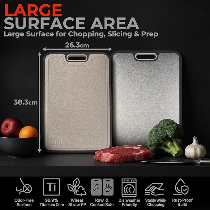 Titanium Cutting Board 16x11in – Pure Crystallized Titanium and Wheat Straw PP, Double-Sided, Non-Slip, Dishwasher Safe, For Kitchen, BBQ, Camping, Eco-Friendly Cutting Boards for Kitchen