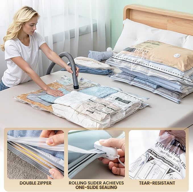 TAILI 12 Pack Vacuum Storage Bags, LONG SIDE ZIP (39x28 inch) Vacuum Seal Bags for Clothing, Jumbo Storage Space Saver for Beddings, Comforters, Blanket, Pillows and Clothes