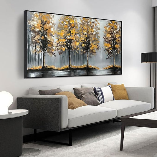 Gold Tree Canvas Hand Painted Wall Art for Living Room - Modern Office Artwork Wall Decor - Framed Wall Art for Bedroom Size 29" x 59"