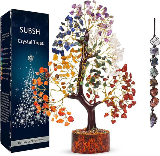 Crystal Tree of Life with Seven Chakra Tumble Hanging, 7 Chakra Healing Crystal Tree, Office Desk Decor, Room Decor, Bonsai Trees for Positive Energy, Money, Good Luck Birthday Gifts for Women 10-12"