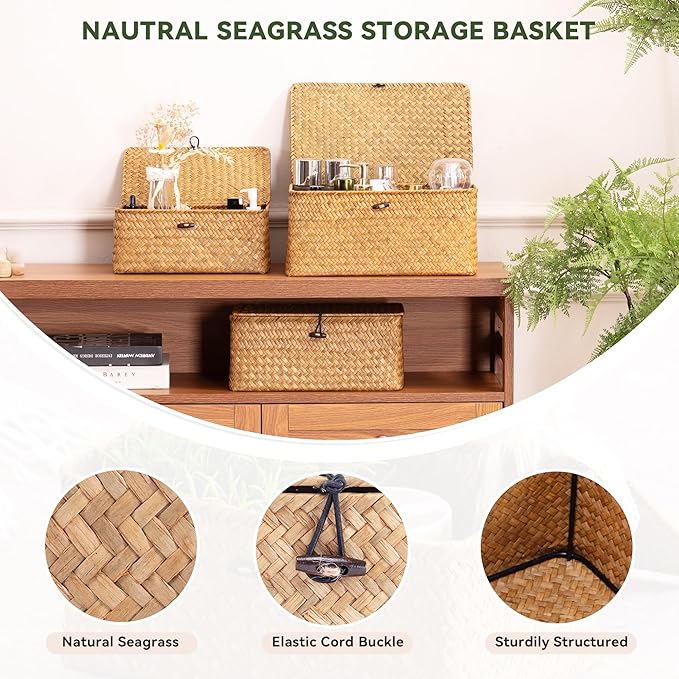 Nonam Handwoven Natural Seagrass Bin with Lid, Set of 3, Shelf Baskets Multipurpose Container for Boho Decoration, Rectangular Household Storage Boxes for Home Organization