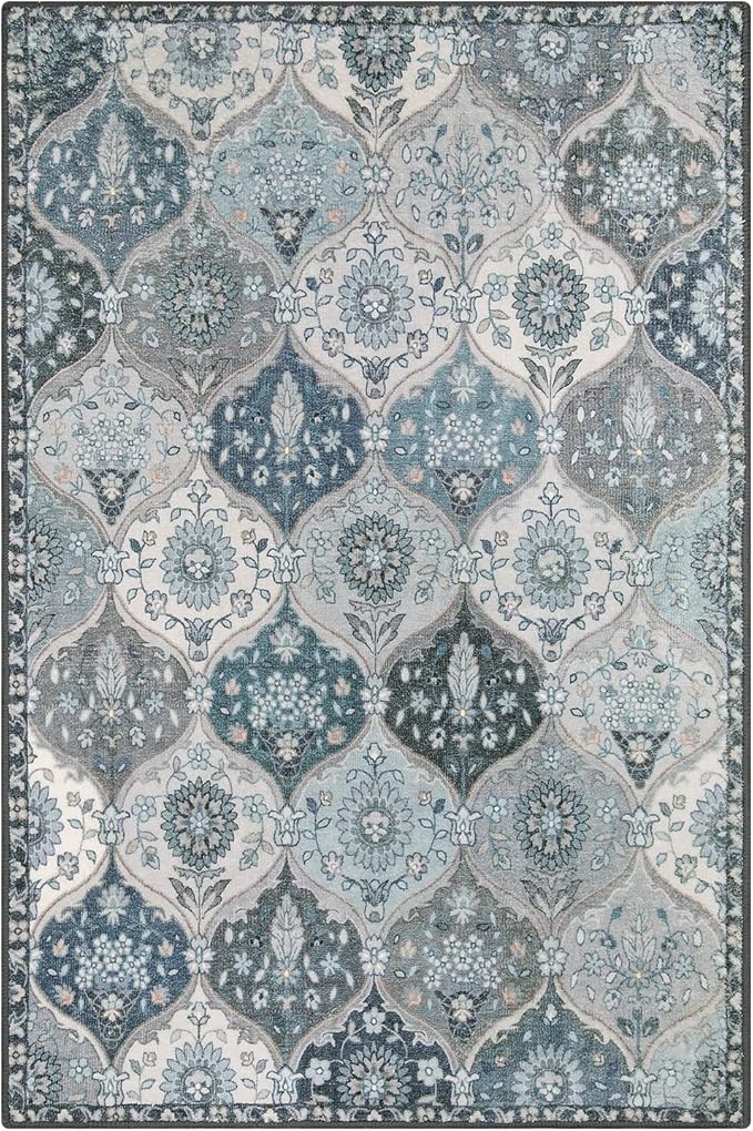 Lahome Moroccan Machine Washable Area Rugs, 4x6 Rug for Living Room Bedroom, Soft Non-Slip Rug Vintage Trellis Ultra-Thin Throw Carpet for Dining Room Office, Blue