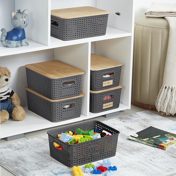Small Plastic Storage Bins with Bamboo Lids 5.2qt Stackable Box Basket Pantry Decorative Containers Cute with Lable for Organizing Desktop Closet Office Gray of 6 packs 10 * 7.2 * 4.1'’