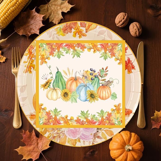 40pcs Fall Pumpkin Paper Plates and Napkins Sets, 9inch Thanksgiving Dinner Plates Party Supplies Disposable Autumn Theme Maple Leaf Sunflower Tableware Fall Thanksgiving Harvest Birthday Decorations