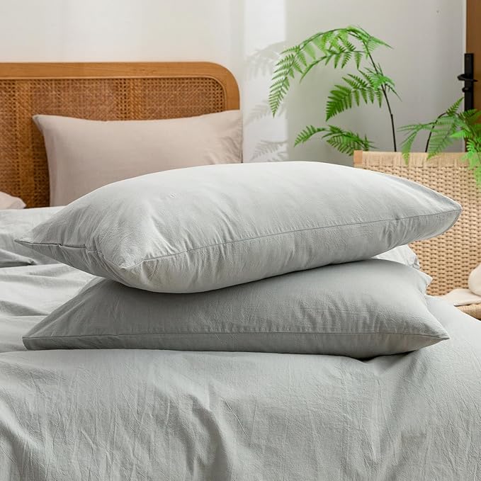 BESTOUCH Duvet Cover Set 100% Washed Cotton Linen Feel Super Soft Comfortable Chic Lightweight 3 PCs Home Bedding Set Solid Northern Droplet Grey Full/Double