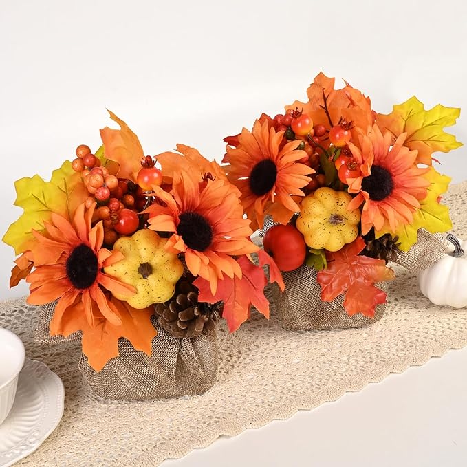 Waipfaru Fall Decor, Fall Decorations for Home，2Pcs Artificial Fall Flowers with Burlap Base, Fall Leaves Sunflower Decor Fall Leaves, Thanksgiving Decorations, Fall Centerpieces for Tables
