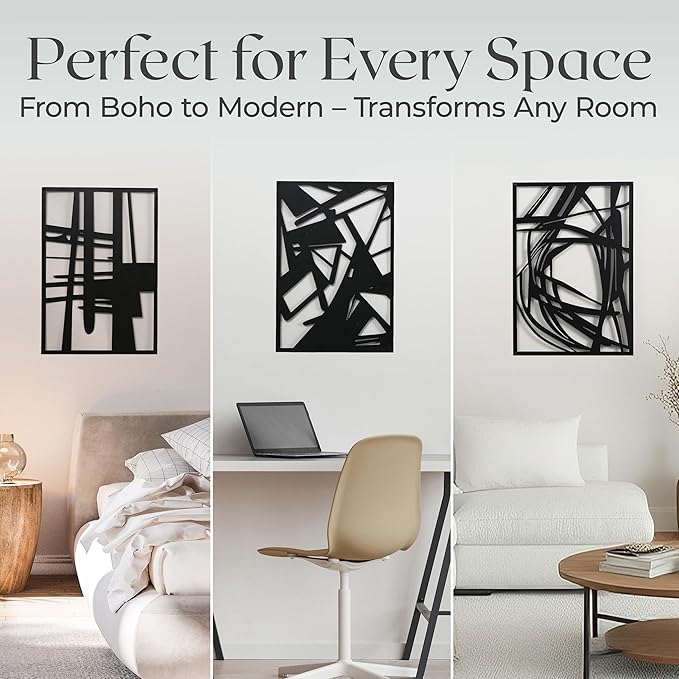 OUR NEST Pack of 4 Black Abstract Metal Wall Art – Minimalist Matte Finish 3D Line Art Wall Decor for Living Room, Bedroom, Bathroom, or Study (16" x 11")