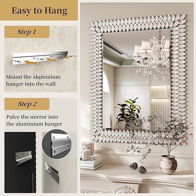 Kelly Miller 30"x40" Jeweled Bathroom Wall Mirror, Large Rectangle Mirror Decorative Mirror Luxury Vanity Mirror with Diamonds for Master Bath Half Bath Living Room Bedroom Fireplace Mantle Entryway