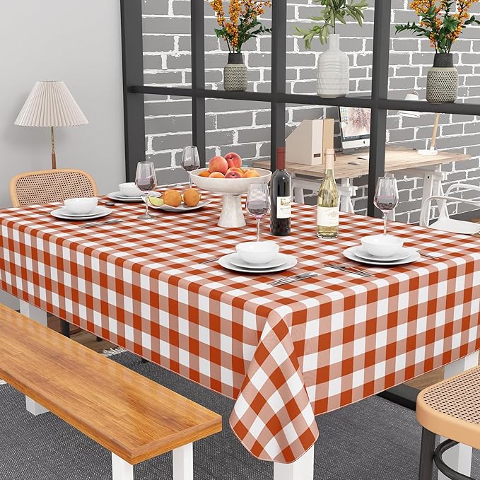 misaya Rectangle Waterproof Vinyl Table Cloth, Buffalo Flannel Backed Tablecloth, Wipeable Plastic Table Cover for Fall, Thanksgiving, (60" x 84", Rust and White)