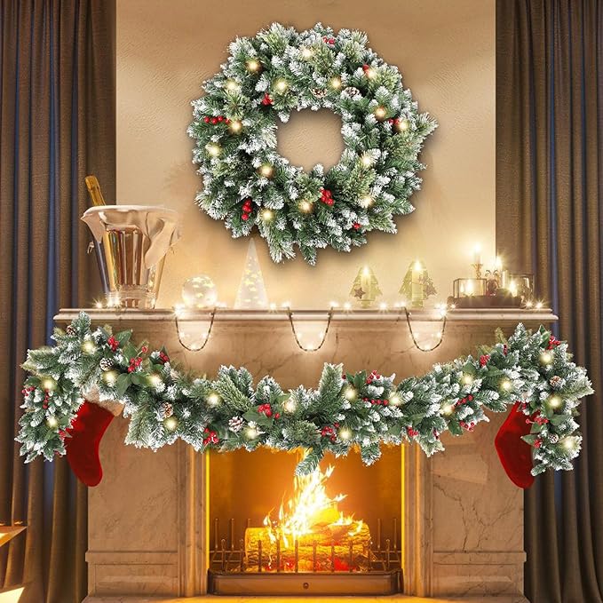 6ft Christmas Garland with Lights,Lighted Artificial Flowering Pine Garland for Mantle,Prelit Faux Green Christmas Winter Garland with Pine Cones and Red Berry for Indoor Outdoor Decor