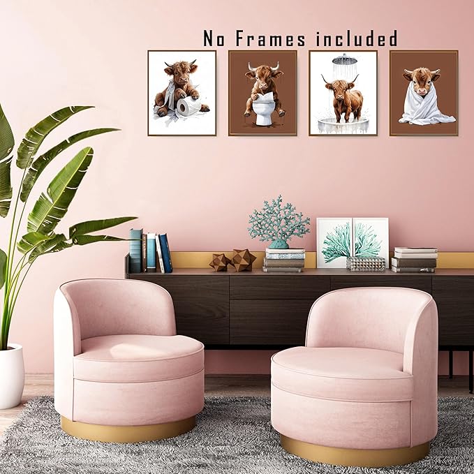 FITIE Funny Cow Bathroom Wall Art Posters Set of 4, Cow Bathroom Decor, Humorous Cute Bathing Fluffy Heifer Toilet Canvas Prints Artwork Wall Decor for Bath Room Washroom, 8x10 Unframed