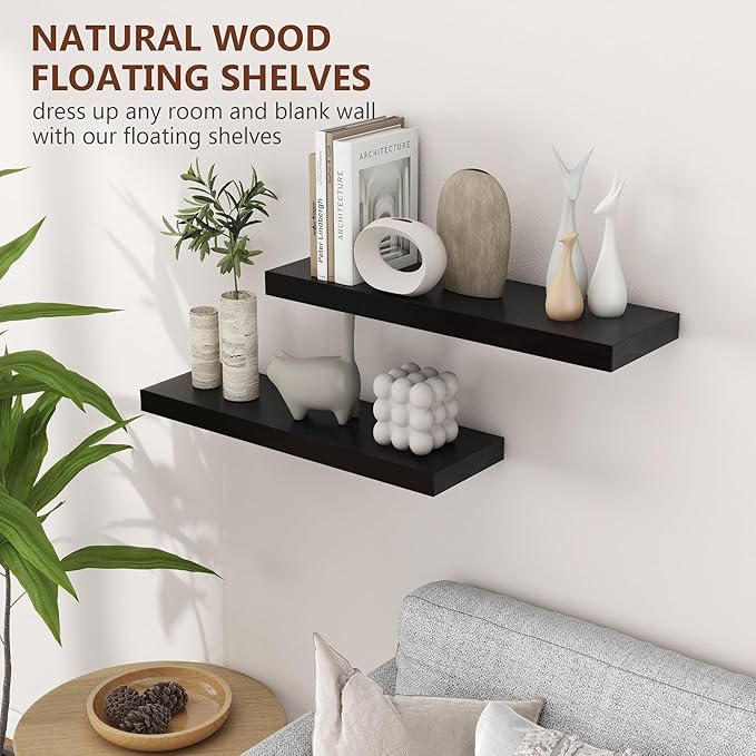 24 Inch Black Floating Shelves for Wall, Solid Wood Wall Shelves Set of 2, Modern Black Shelves Display Ledge Shelves for Bedroom Bathroom Living Room Kitchen Decoration Storage - Black