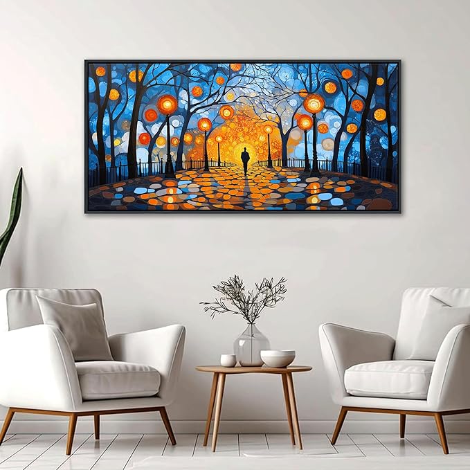 QZQCBLC Blue Wall Art Bedroom, Abstract Night Scene Street Lights Large Wall Pictures Orange Halo Trees Landscape Framed Canvas Paintings Artwork for Living room kitchen Home Office Decor 24x48 IN