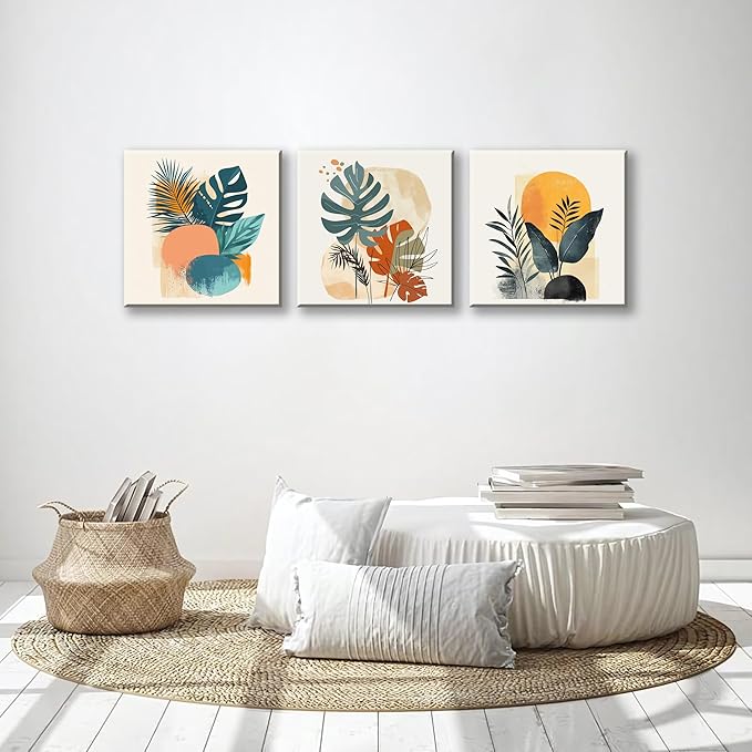 NAN Wind 3 Panels Modern Abstract Tropical Canvas Wall Art Colorful Leaf Prints Contemporary Botanical Art for Living Room Minimalist Plant Decor Geometric Palm & Monstera Leaf Paintings Home Decor