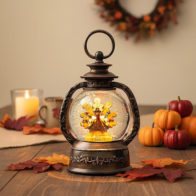 Fall Snow Globe Lantern -Thanksgiving Turkey with Pumpkin Spinning Water Lantern with Swirling Glitter Fall Decorations for Home, Autumn Harvest Fall Decor