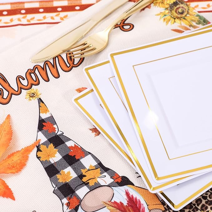 WDF 125pcs Gold Plastic Plates Set - Gold Rimmed Dinner & Salad Plates, Silverware (25 Forks, Knives, Spoons) for Thanksgiving