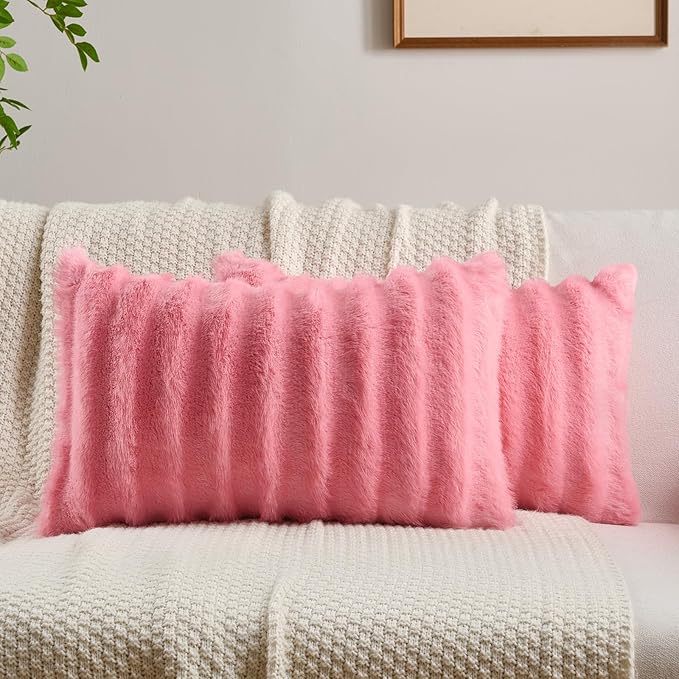 FUTEI Blush Pink Decorative Throw Pillow Covers 12x20 Inch Set of 2,Soft Fluffy Faux Mink Fur Dyeing Striped Textured Lumbar Pillow Case,Modern Home Decor for Couch Bed Living Room