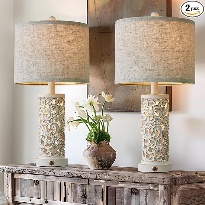 OYEARS 3-Way Dimmable 22'' Table Lamp Set of 2 for Living Room Bedroom Farmhouse Vintage Retro Bedside Lamps Touch Control with USB Ports Linen Shade for Home Office (Wash White, Bulb Included)