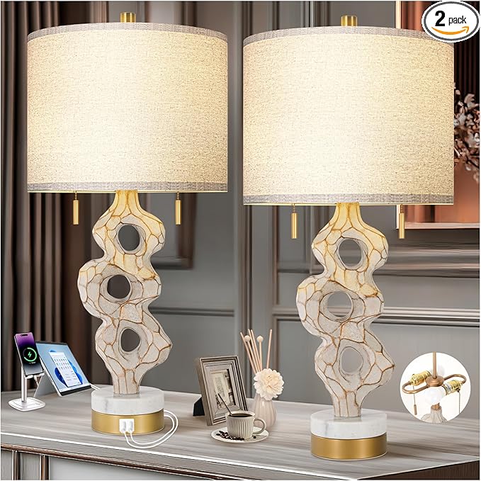 Scenekoy Sculptural Table Lamp Set of 2 for Bedroom, 26” Farmhouse Bedside Lamps for Living Room, Rustic Linen Shade Night Stand Lamp Marble Base with USB Ports for Home Decor (E26 Bulbs Included)